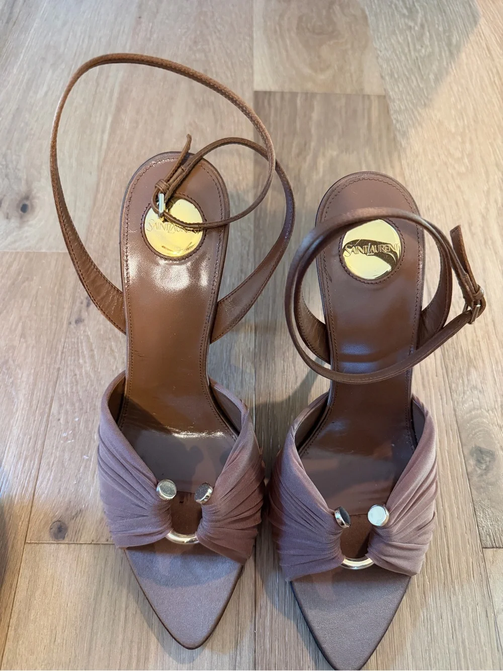 Saint Laurent Lola Brown High Heel Slingback Sandals with Knotted Accent - Picture 2 of 3